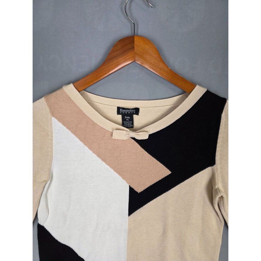 Vintage 80s 100% Cotton Knit Sweater Small Petite Colorblock Feminine Y2K Career